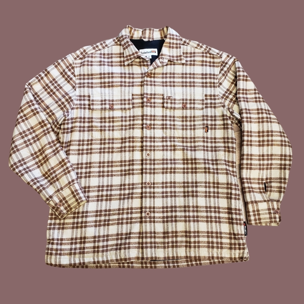 Timberland Pro Mens M Fleece Lined Plaid Flannel Shirt Polartec Brown  Button Up